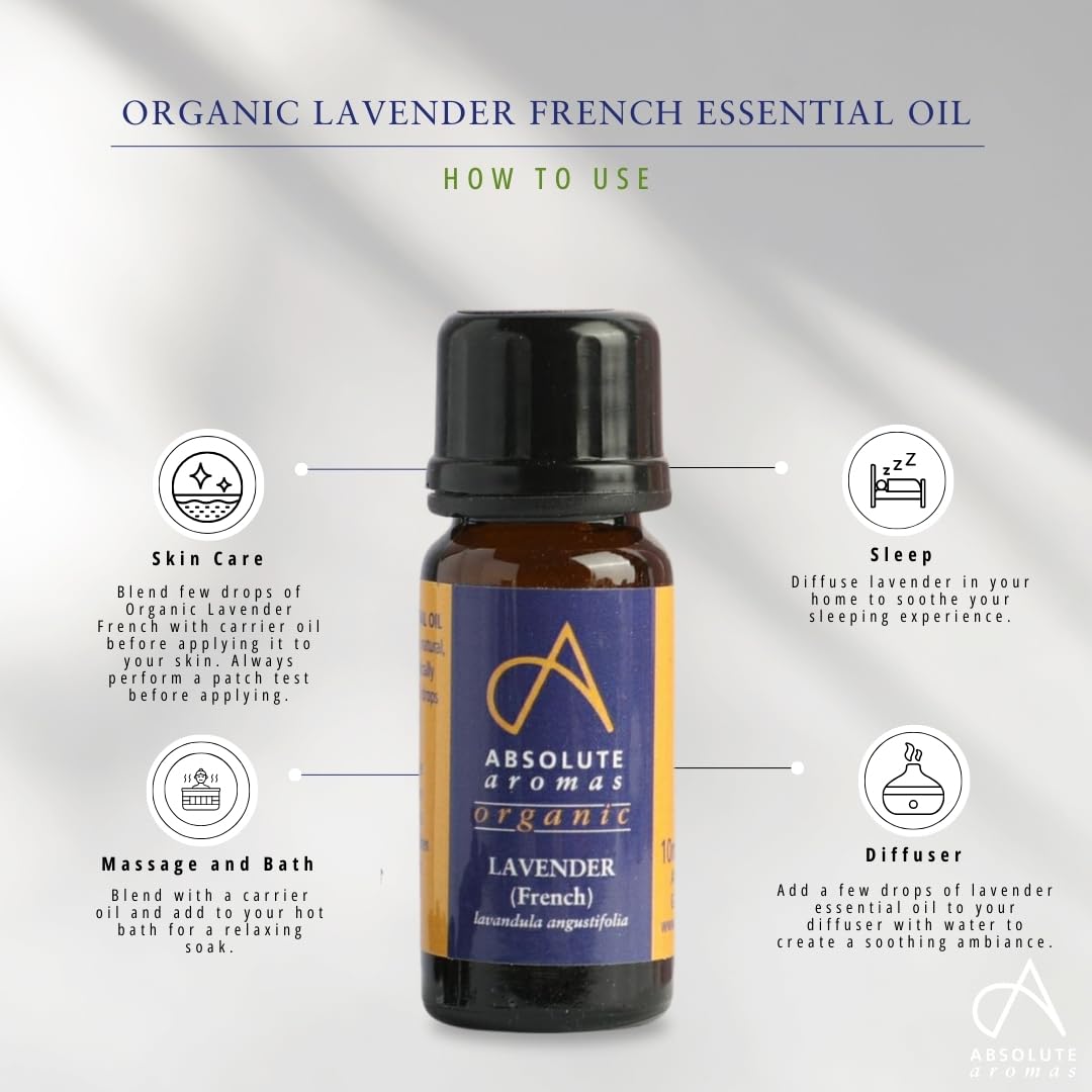 Absolute Aromas Organic Lavender Essential Oil 10ml - 100% Pure, Natural, Vegan, Undiluted and Cruelty-Free - for use in Diffusers, Oil Burners and Aromatherapy Blends