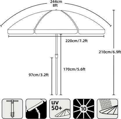 AMMSUN 8 FT Large Beach Umbrellas for sand with Sand Anchor Heavy Duty High Wind Portable Outdoor Umbrellas UPF 50+ Protection Air Vent Tilt for Bech Patio Garden (Navy)