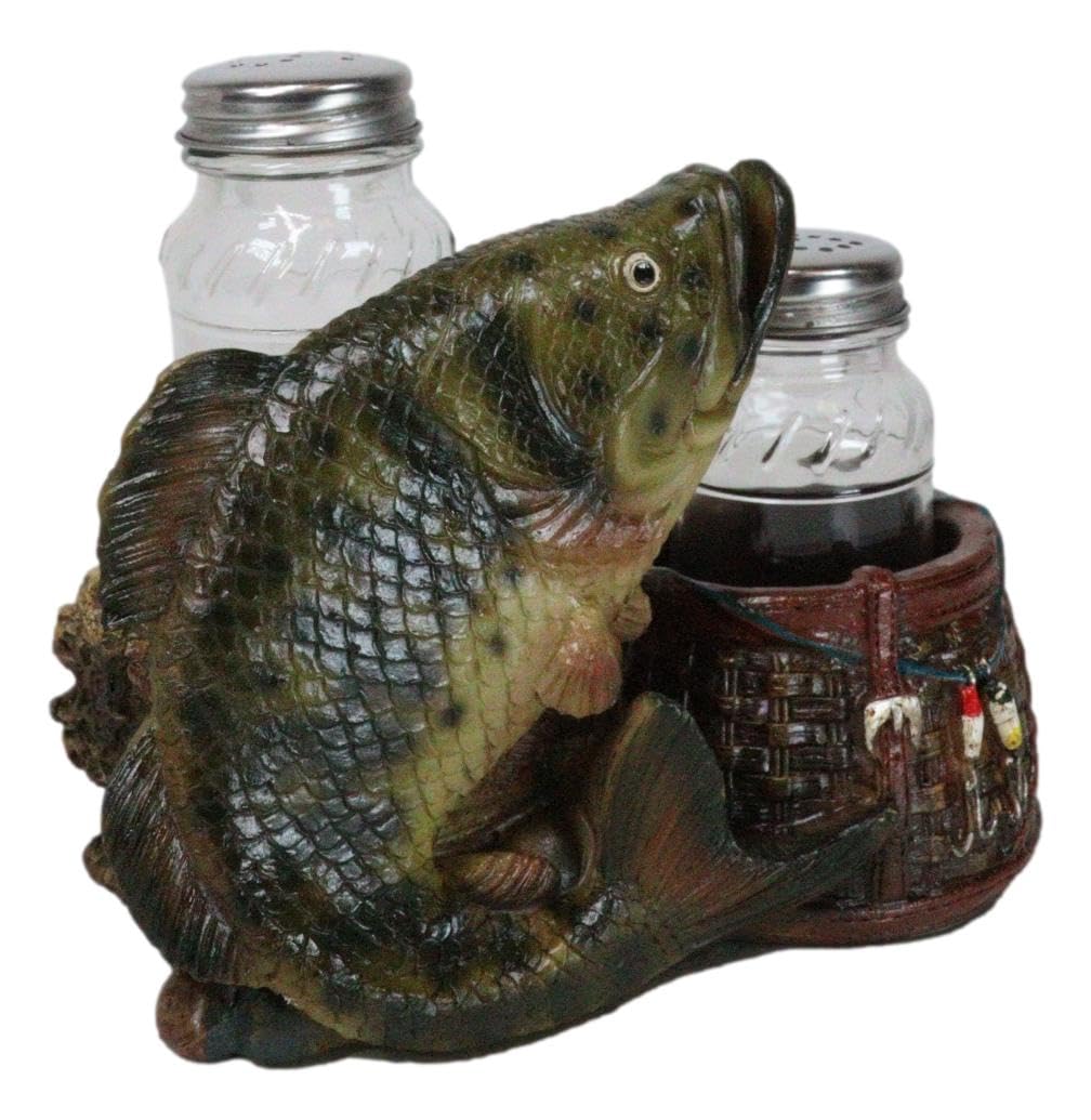 Ebros Gift Nautical Marine Fisherman Sea Bass Fishing With Tackle Box Wicker Saddle Bags Salt and Pepper Shakers Holder Figurine Set for Rustic Cabin Lodge Restaurant Bar Kitchen Decor