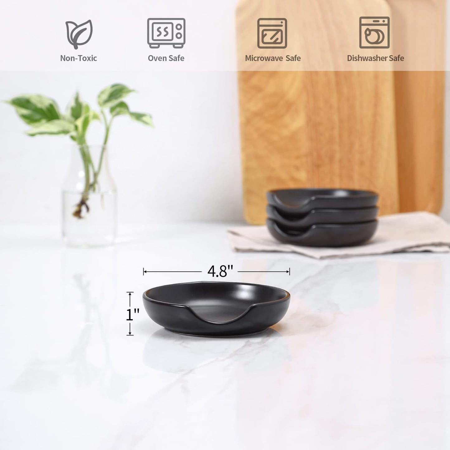 Selamica Ceramic Spoon Rest, 4.8 Inch Spoon Rest for Stove Top, Spoon Holder for Kitchen Counter, Coffee Spoon Holder, Heat-Resistant Cooking Utensil Rest for Ladles Tong, Set of 4, Black