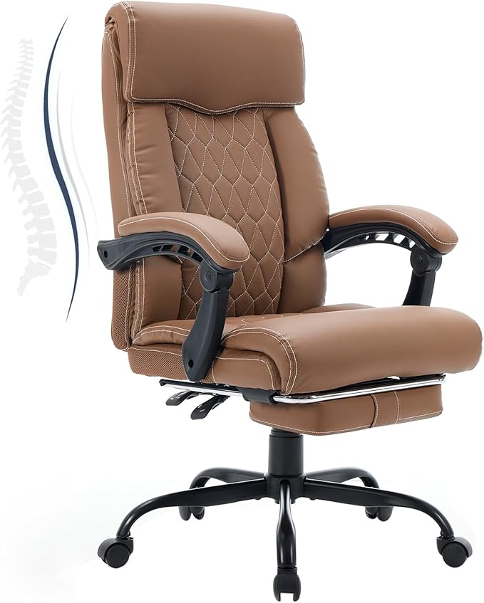 High Back Office Chair with Footrest, 155° Reclining Leather Comfy Desk Chair