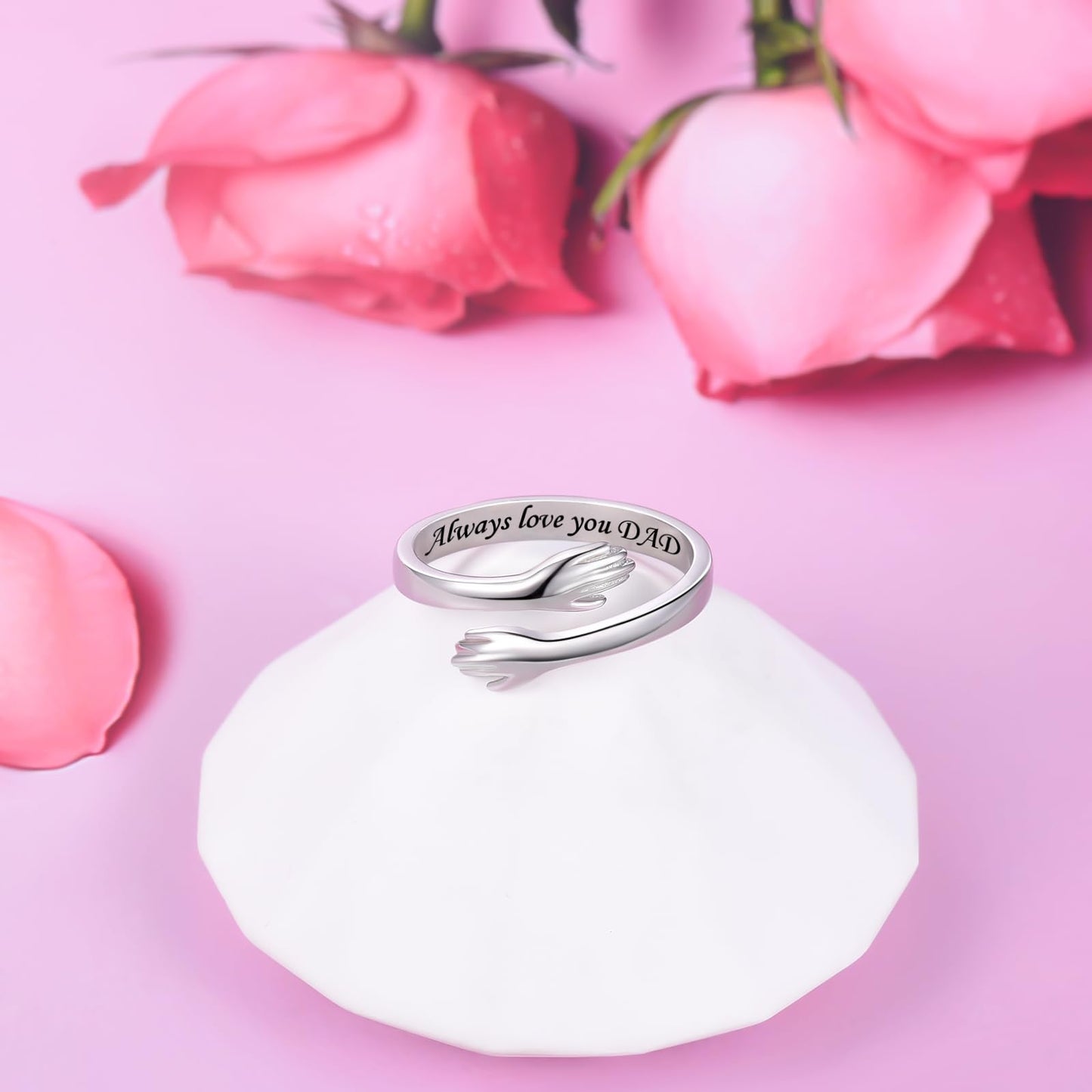 ACJFA Hug Rings for Men - 925 Sterling Silver Adjustable Rings for Men Dad Hand Ring Jewelry for Father’s Day Birthday Gifts Holiday Gift (Always love you DAD)
