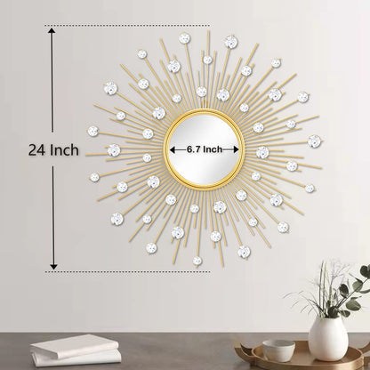 TaoliMo Gold Sunburst Mirror for Wall Decor Metal Sun Wall Mirror Decorative with Crystal Diamond for Living Room Bedroom Entryway Large Circle Mid Century Modern Starburst Wall Hanging 24 Inch