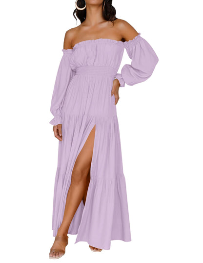 ZESICA Women's 2025 Boho Sexy Off Shoulder Long Sleeve Smocked High Waist Side Split Flowy A Line Tiered Long Maxi Dress