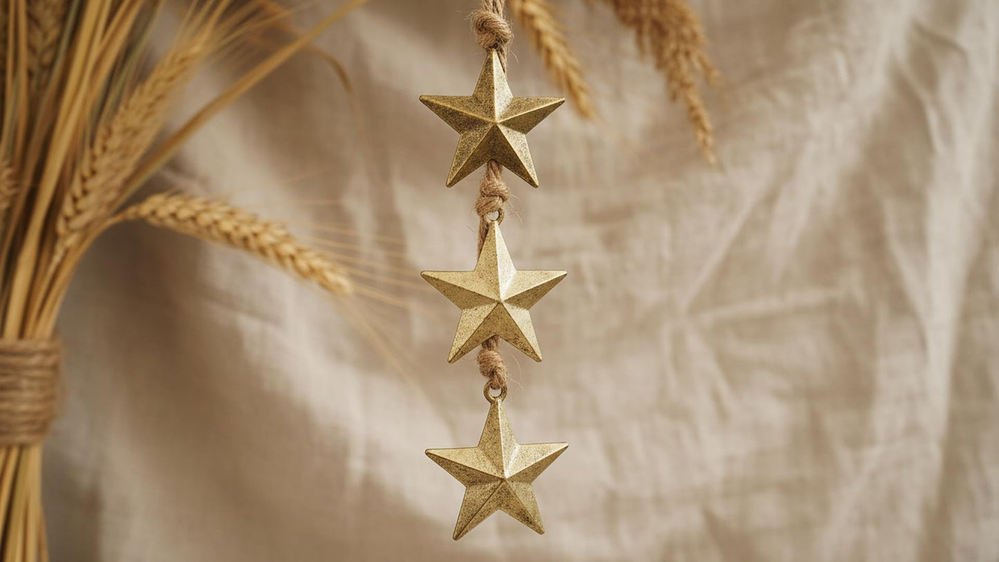 Rustic Gold Star Garland with Rope – Handmade Brass Metal Hanging Star Cluster for Farmhouse, Cow Bell Cluster, Christmas, Holiday, and Outdoor Garden Decor (Star Garland 24")