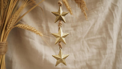 Rustic Gold Star Garland with Rope – Handmade Brass Metal Hanging Star Cluster for Farmhouse, Cow Bell Cluster, Christmas, Holiday, and Outdoor Garden Decor (Star Garland 24")