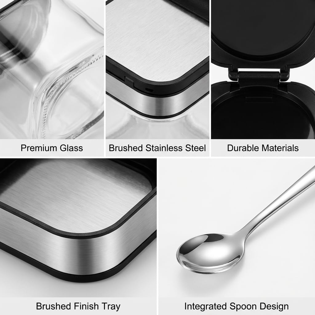 SvaTao Condiment Jar Spice Container with 304 Stainless Steel Lids and Spoons,Clear Glass Condiment Canisters Pots Seasoning Box Salt Container Sugar Bowl Set of 3 for Kitchen, Counter, Food Storage