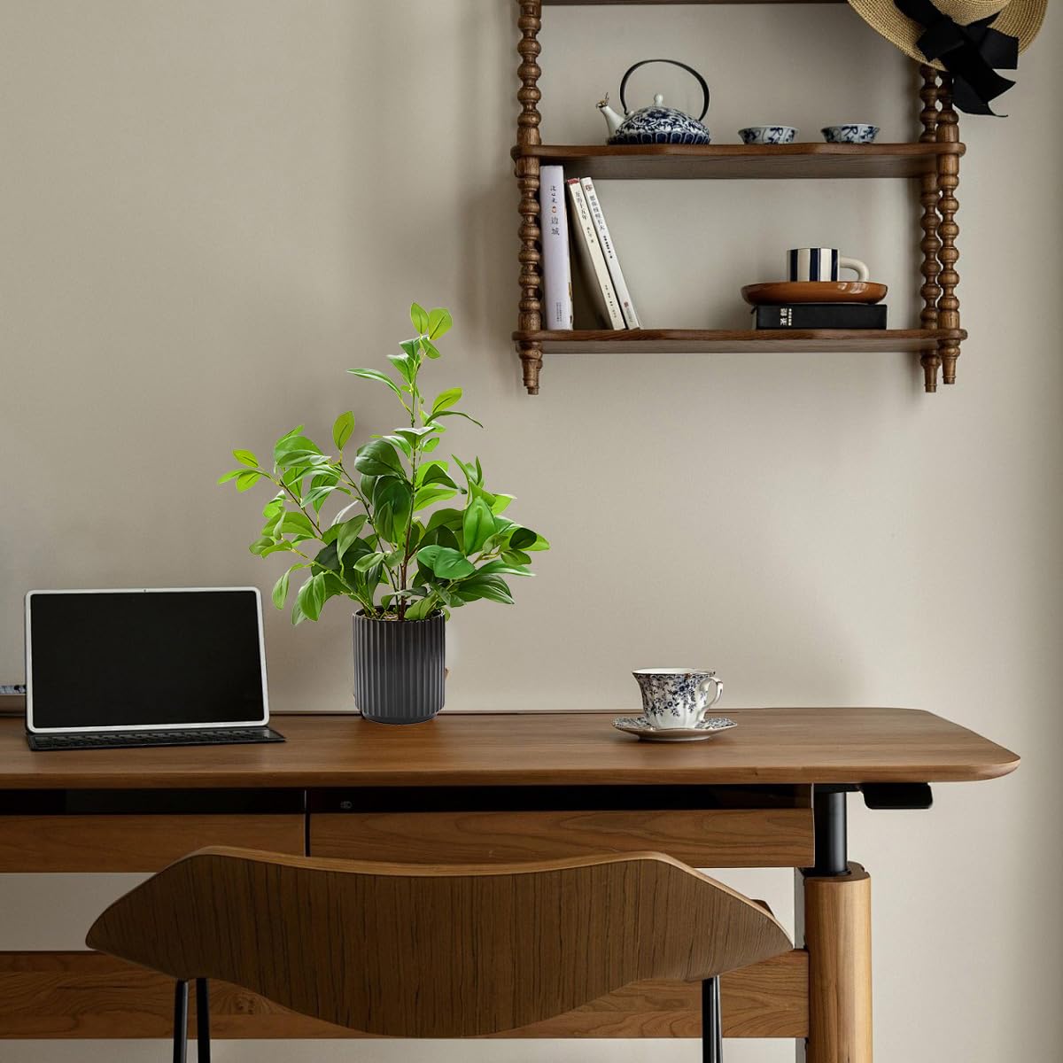 EZBOHO 16 inch Artificial Plants Indoor Realistic Touching Evergreen Leaf Fake Plant with Creamic Black Pot for Home Office Living Room Bathroom Office Table Bookshelf Decor