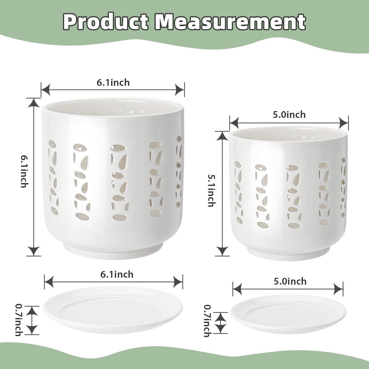 BUYMAX Ceramic Orchid Pots with Holes, 5 Inch+6 Inch Orchid Planter with Drainage Holes and Tray, Indoor Flower Pot for Repotting Orchids, Elegant White Glaze