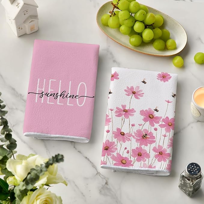 Artoid Mode Pink Flowers Bee Hello Sunshine Spring Kitchen Towels Dish Towels
