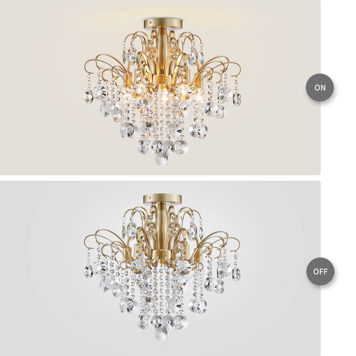 WUZUPS Crystal Chandelier Flushmount Ceiling Light Modern Lighting Fixture for Bedroom Hallway Bar Kitchen Bathroom, H 17.5'' x W 19.3'', E12 Base, Gold