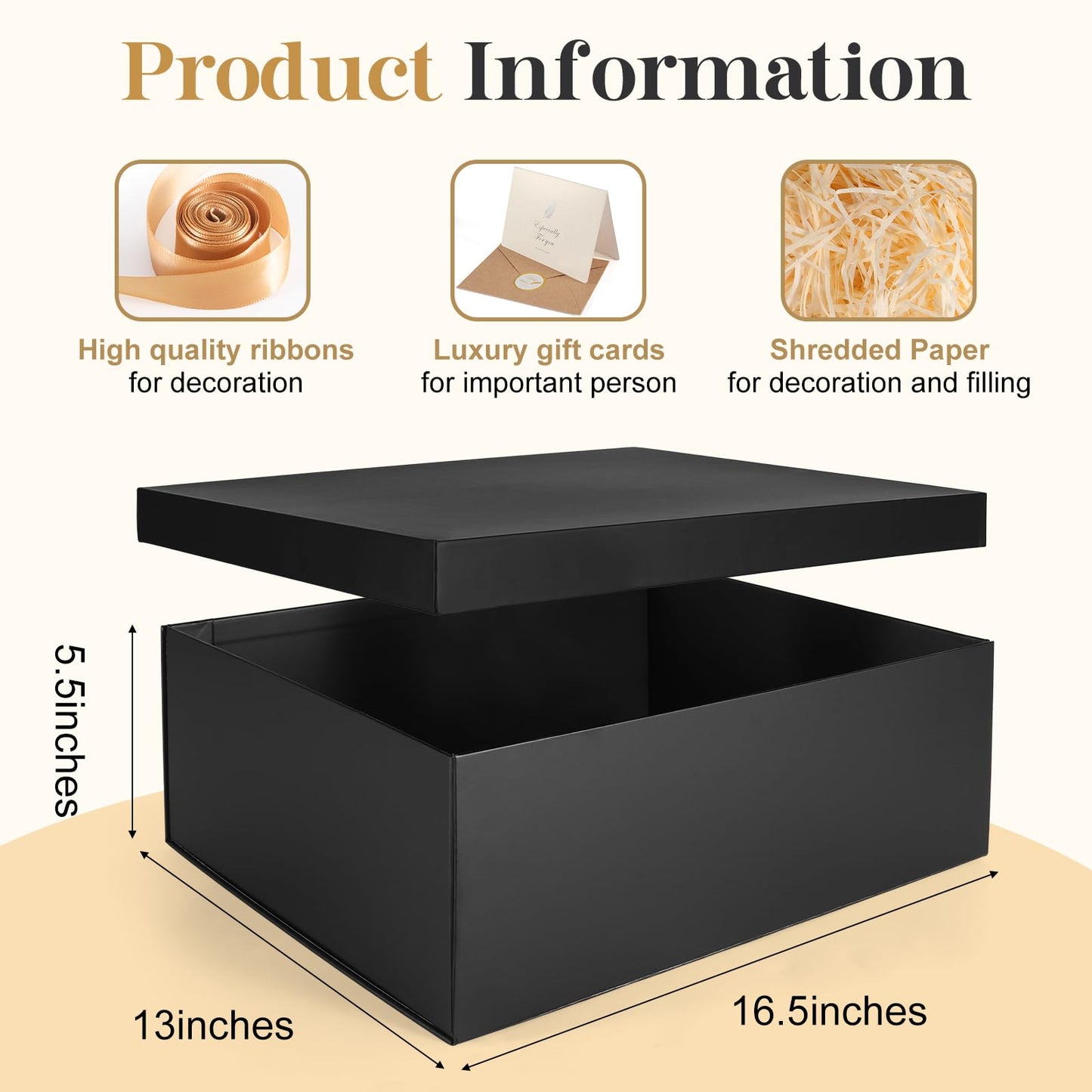Gift Box, 16.5x13x5.5 inches Large Black Gift Boxes with Lids for Presents, Birthday Box Contains Card Ribbon Shredded Paper Filler, Gift Wrap Boxes for Valentine Mother's Day Christmas Anniversary