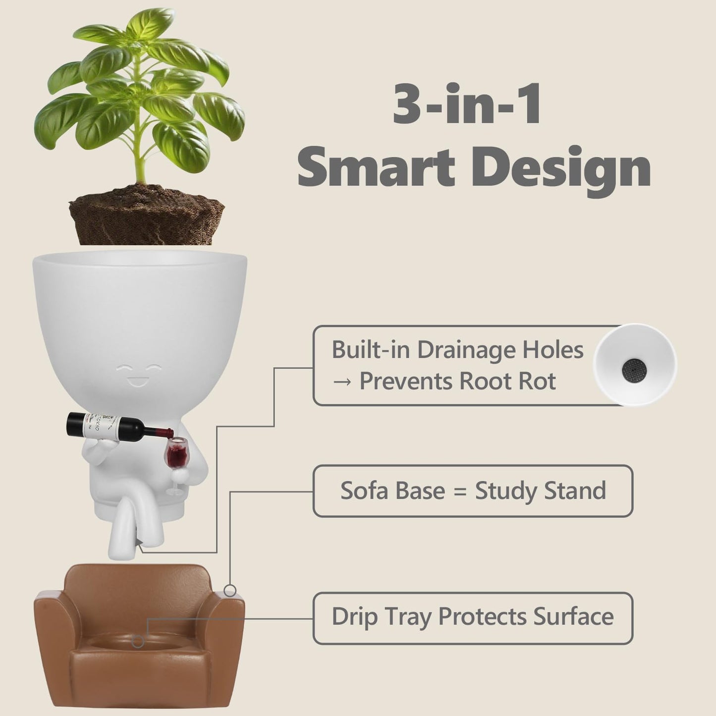 Wnsamoddy Funny Face Planter Pots with Drainage - Resin Head Flower Pot for Indoor Outdoor Succulents Cactus, Unique White Elephant Gifts for Wine & Plant Lovers, Home Office Desk Decor