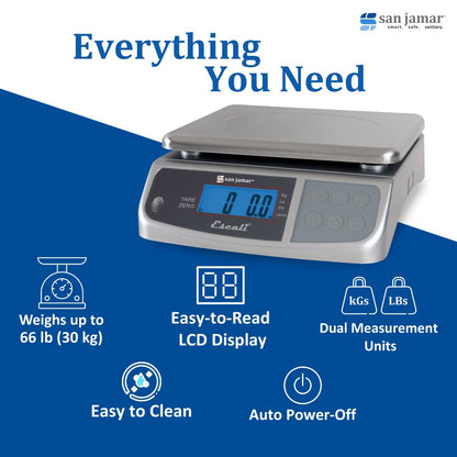 San Jamar Digital Food Scale, Battery Operated with 66 Pound Capacity for Cooking, Baking, Meal Prep, Diet Tracking, Stainless Steel, 6.82 Pounds, Silver