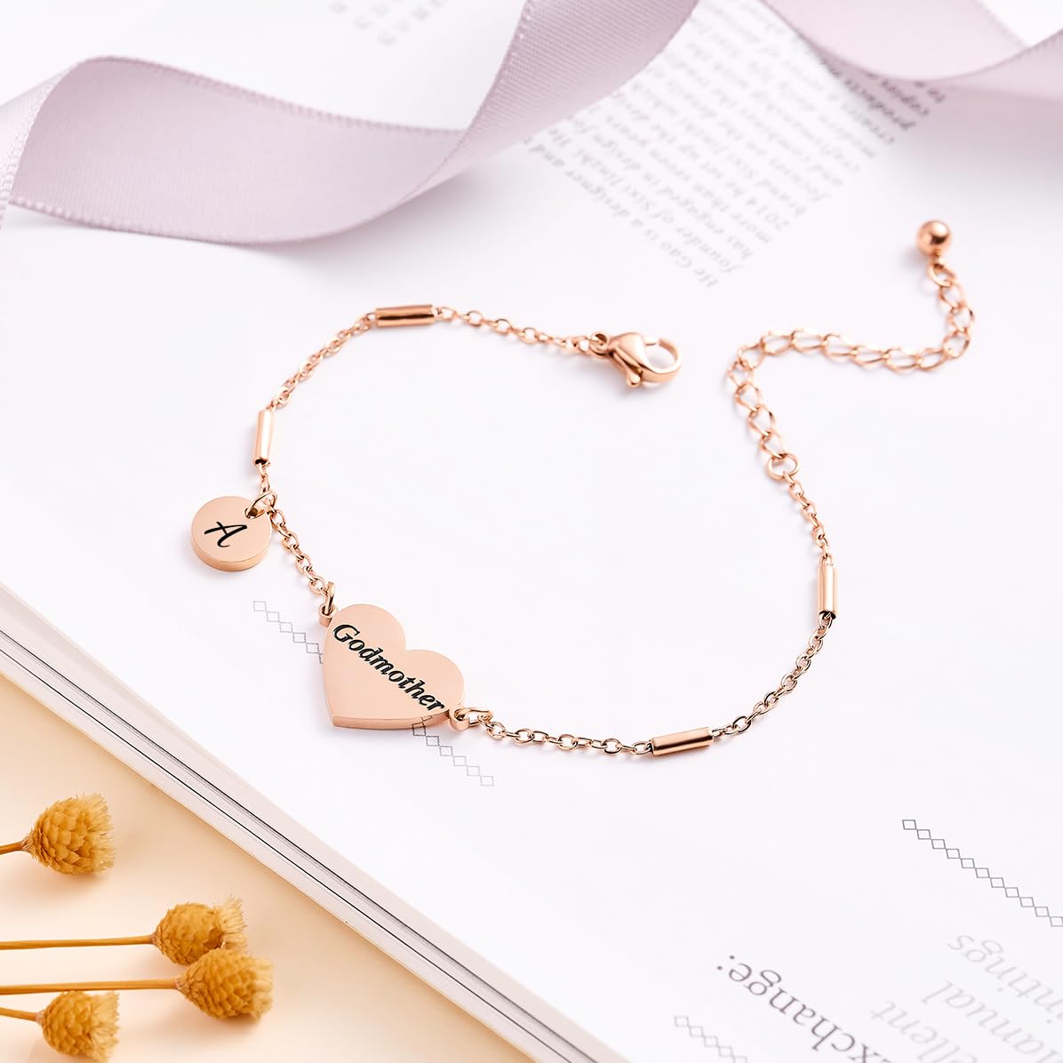 CHENVA Godmother Gifts Initial Bracelet Bangle for Women Gift for Godmother from Goddaughter (Godmother Bracelet-A-Rose Gold)