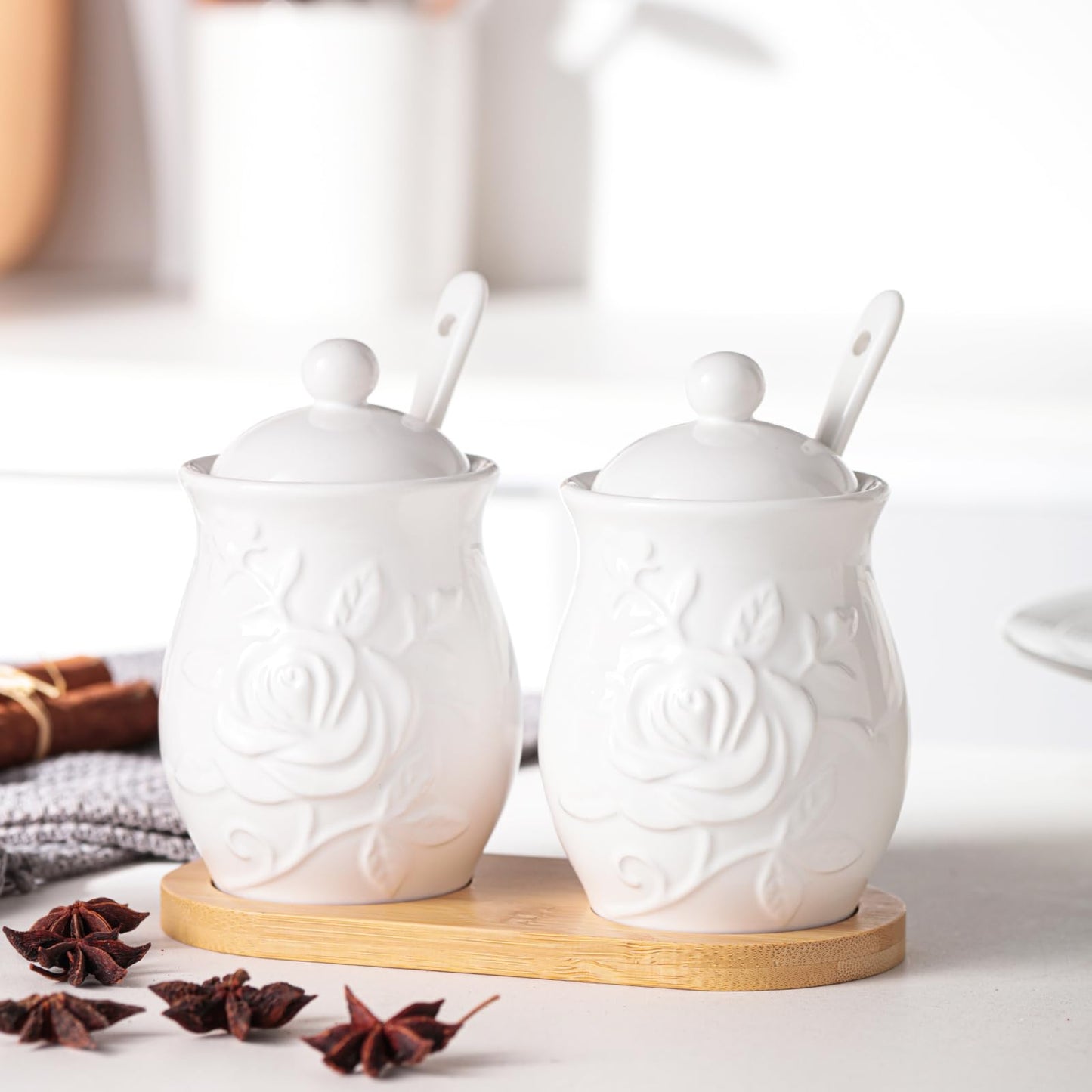 Seasonsplan Hand Drawn Relief ceramics Ceramic Sugar Bowl 2 Pack, PorcelainJar with Tray, Spoon and Lid for Sugar, Pepper, Coffee, Spice, Salt, 8 Ounces (White Relief)
