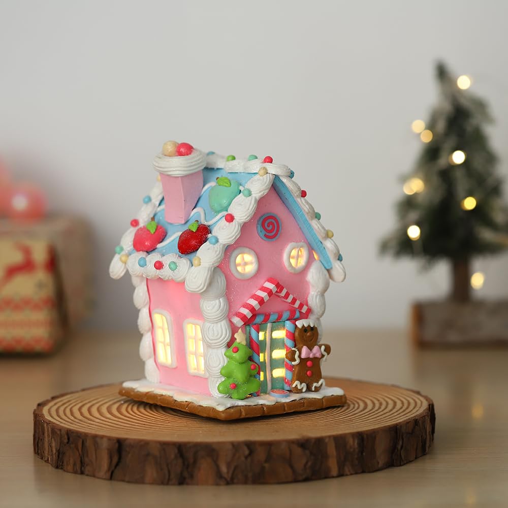 Christmas Pastel Gingerbread House Ornaments Decorations,Soft Clay Pastel Pink Small Candy House Christmas Ornaments with Light for Christmas Tree Hanging Pendants Xmas Tabletop Decoration
