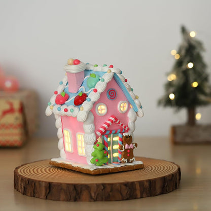 Christmas Pastel Gingerbread House Ornaments Decorations,Soft Clay Pastel Pink Small Candy House Christmas Ornaments with Light for Christmas Tree Hanging Pendants Xmas Tabletop Decoration