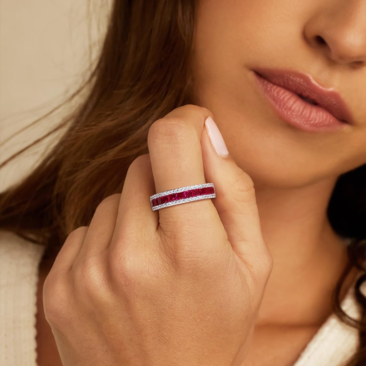 RANDES Anniversary Bands for Women 925 Sterling Silver Red Stone Ring 5mm Thick Channel Set Half Eternity Rings Ruby Birthstone Ring Size 10.5