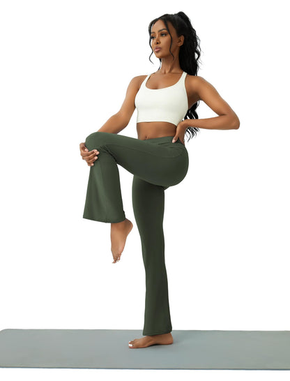 Womens Yoga Pants with Pockets High Waisted Flare Leggings Bell Bottom Yoga Dress Pants Seamless Bootcut Pants