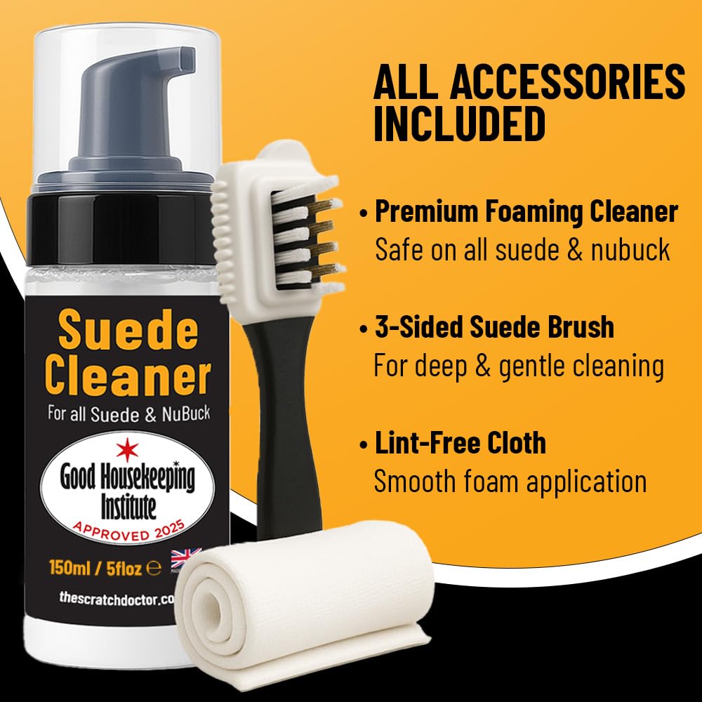 Suede & Nubuck Cleaner Foam 150ml for Shoes, Boots, Sandals, Trainers | Clean & Protect Dirt & Stains | Includes 3 Sided Suede Brush & Cleaning Cloth