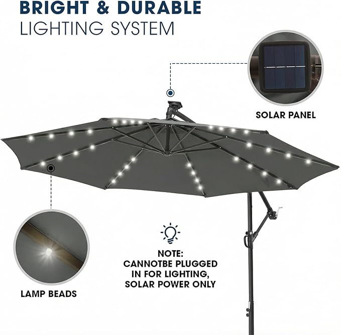wikiwiki 10ft Solar LED Patio Umbrella with Base Included, Offset Umbrella with Weighted Sandbag Base, Cantilever Patio Umbrella for Backyard, Garden & Deck, 32 LED Lights & Polyester Shade, Dark Gray