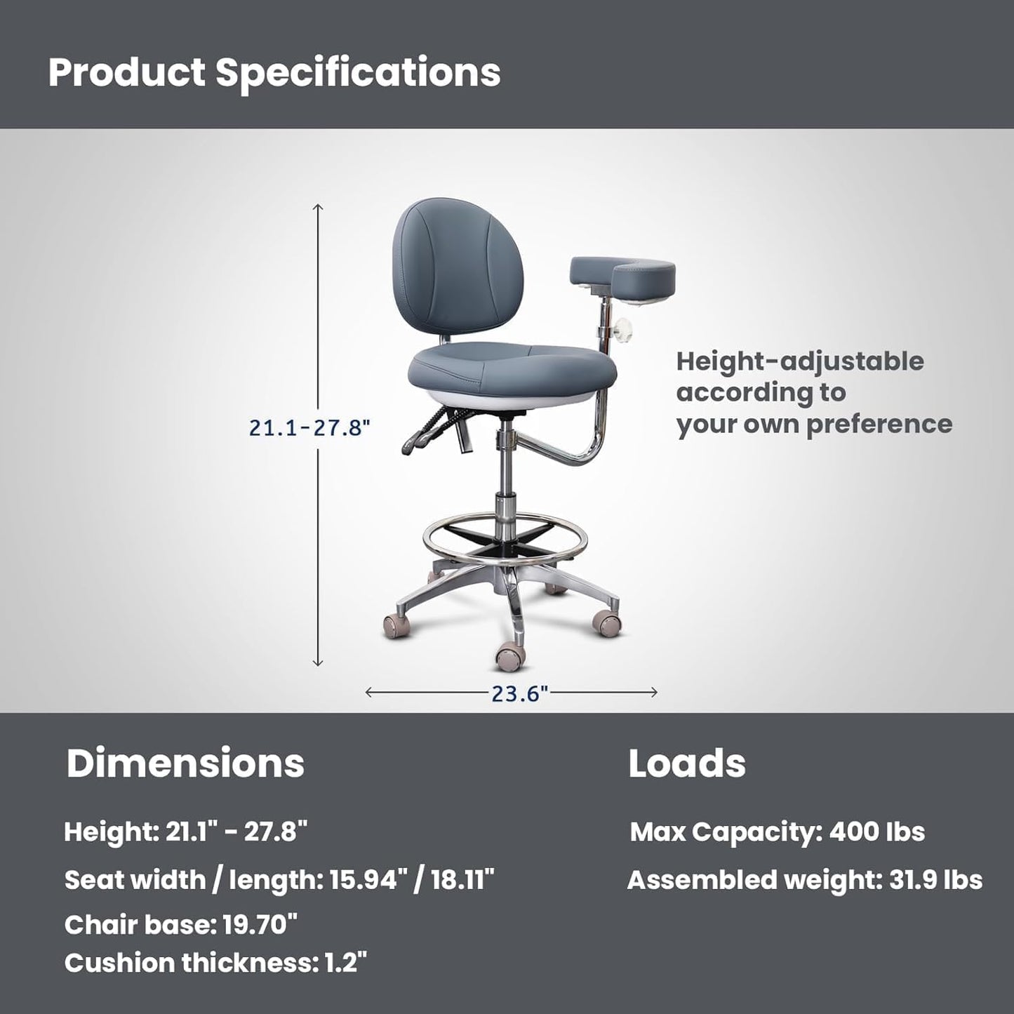 LIMKOMES Medical Dental Assistant Chair with Rotatable Armrest Rolling Medical Chair Ergonomic Swivel Seating Back Support Dentist Stool for Clinics, Dental Offices, Labs-Gray