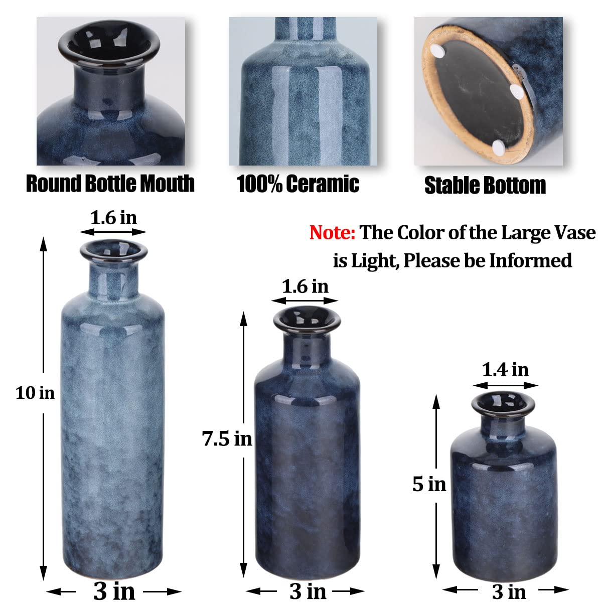 Blue Ceramic Vase Set - 3 Blue Small Vases, Farmhouse Country Flower Vase Home Decor, Living Room Decoration, Table Decoration, Fireplace Decor, and Entrance Decorations Centerpieces