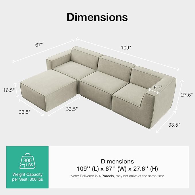 Novilla 109" Modular Sectional Sofa, No Assembly Cloud Sectional Couch