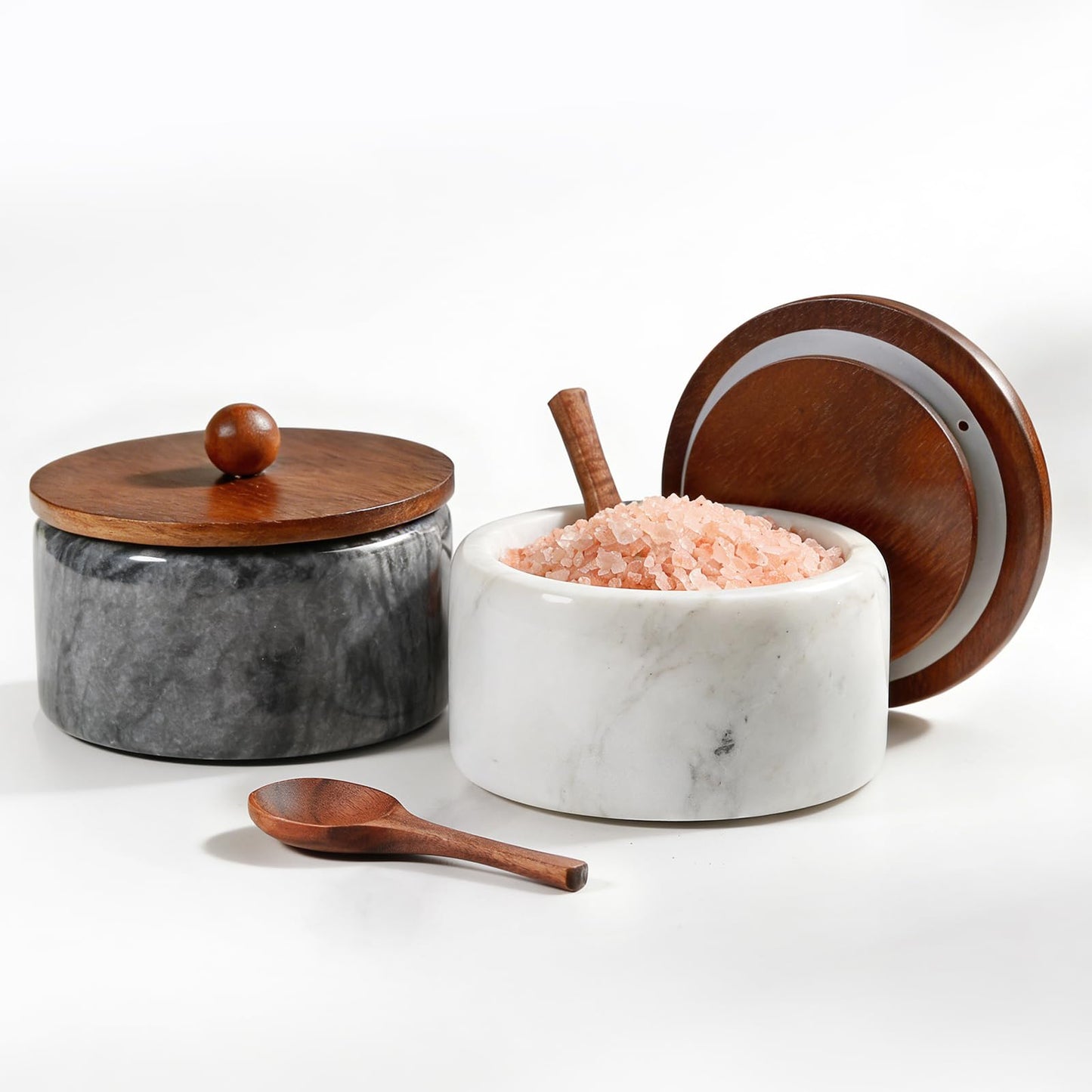 MINCORD Marble Salt and Pepper Bowls Set with Lids and Spoons – Natural Stone Salt Cellar & Pinch Pots for Kitchen Counter – Modern Spice Keeper Container for Gourmet Sea Salt, Kosher & Finishing Salt