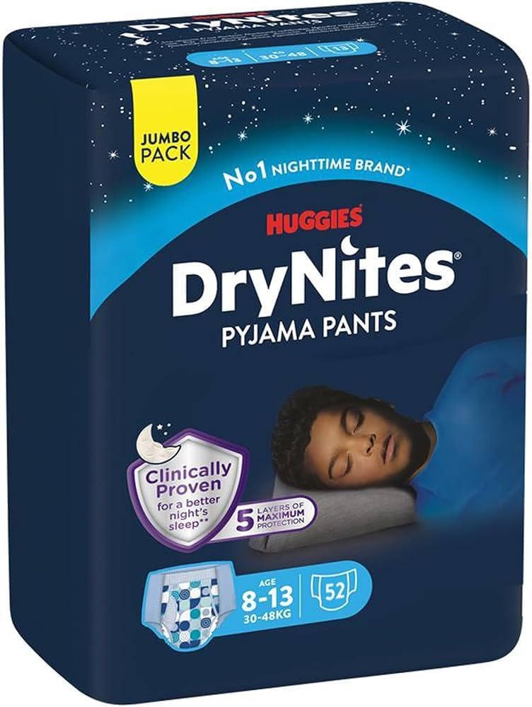 HUGGIES DryNites, Pyjama Pants, Boys 8-13 Years (30-48KG),52 x Bedwetting Pants, Up to 100% Leak Free Nights