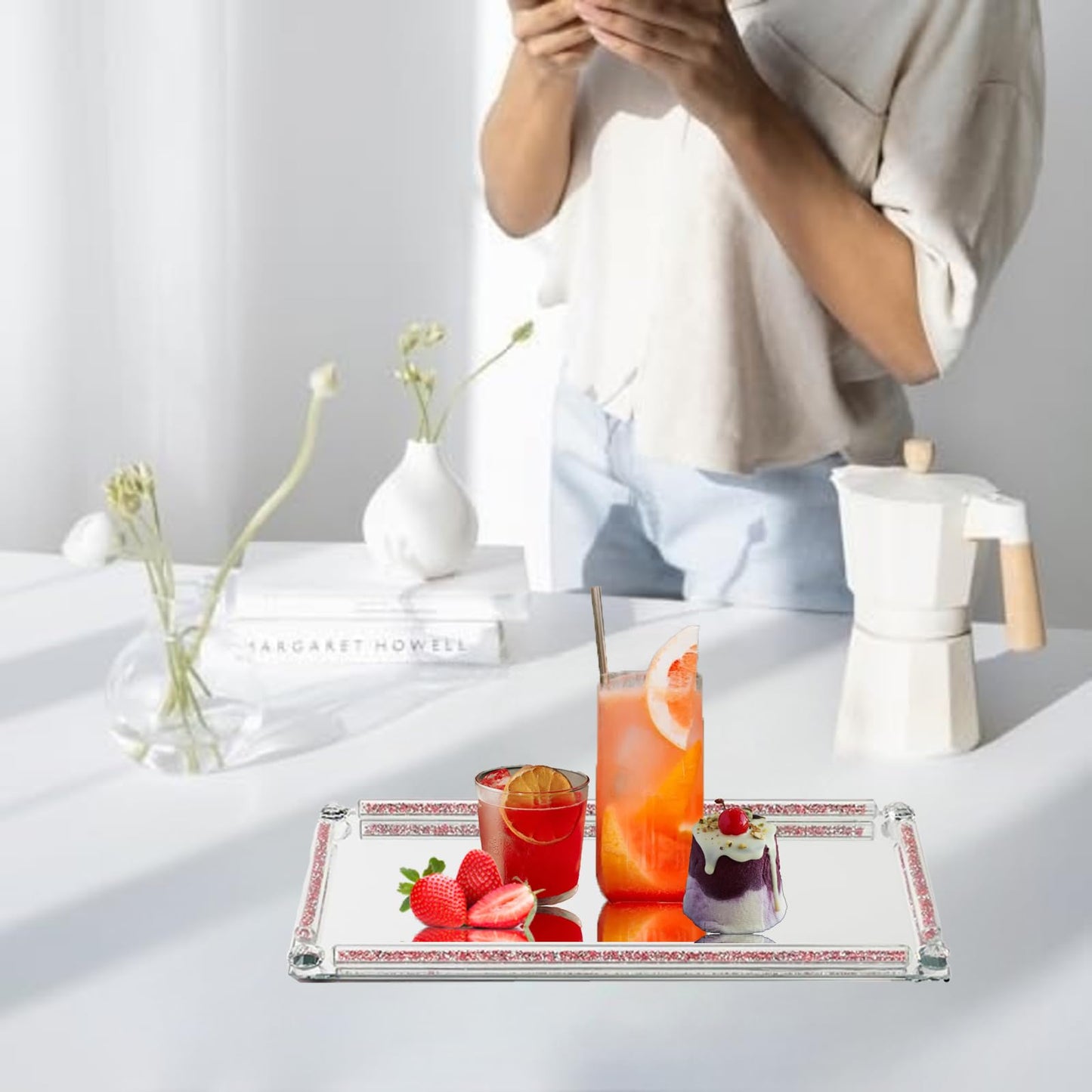 Crystal Mirror Tray, Crystal Glass Perfume Tray for Dresser Cosmetic Trinket Jewelry Vanity Trays for Display Crushed Diamond Home Decor Serving Trays for Bathroom Countertop Organizer (Rose Red)