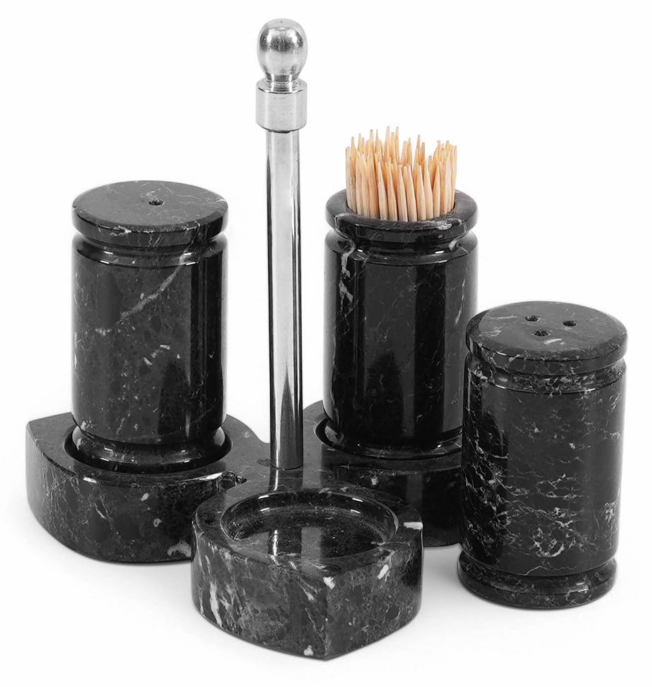 Marble Salt and Pepper Shakers Set of 3 – Handmade Black Stone Spice Shakers 0.8 oz with Tray, Elegant Tabletop Seasoning Set for Kitchen Countertop & Dining Table, Saleros Decorativos