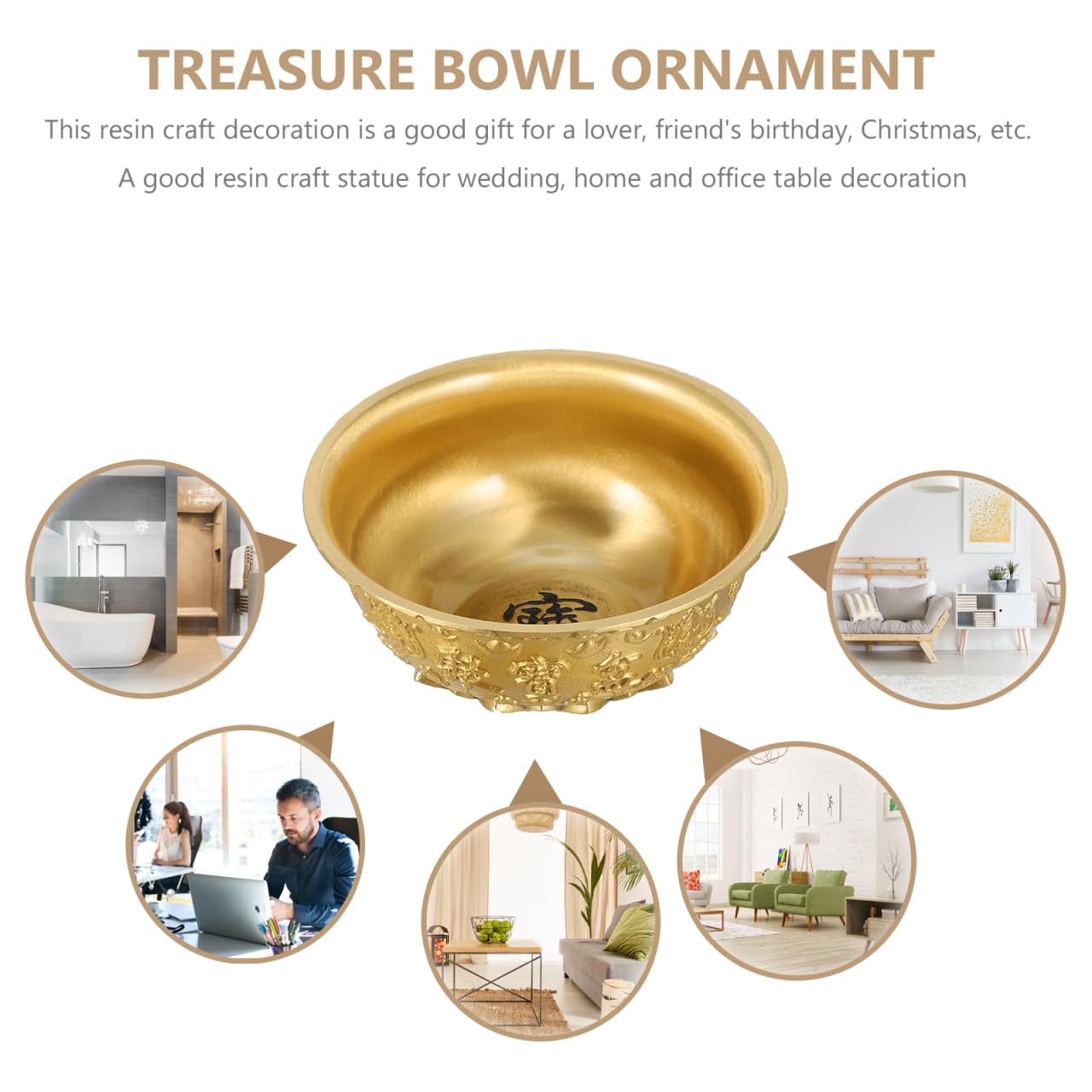 Brass Feng Shui Treasure Bowl, 3 Inch Golden Cornucopia Basin, Home Office Decor Wealth Prosperity Luck Housewarming Spring Festival Gift