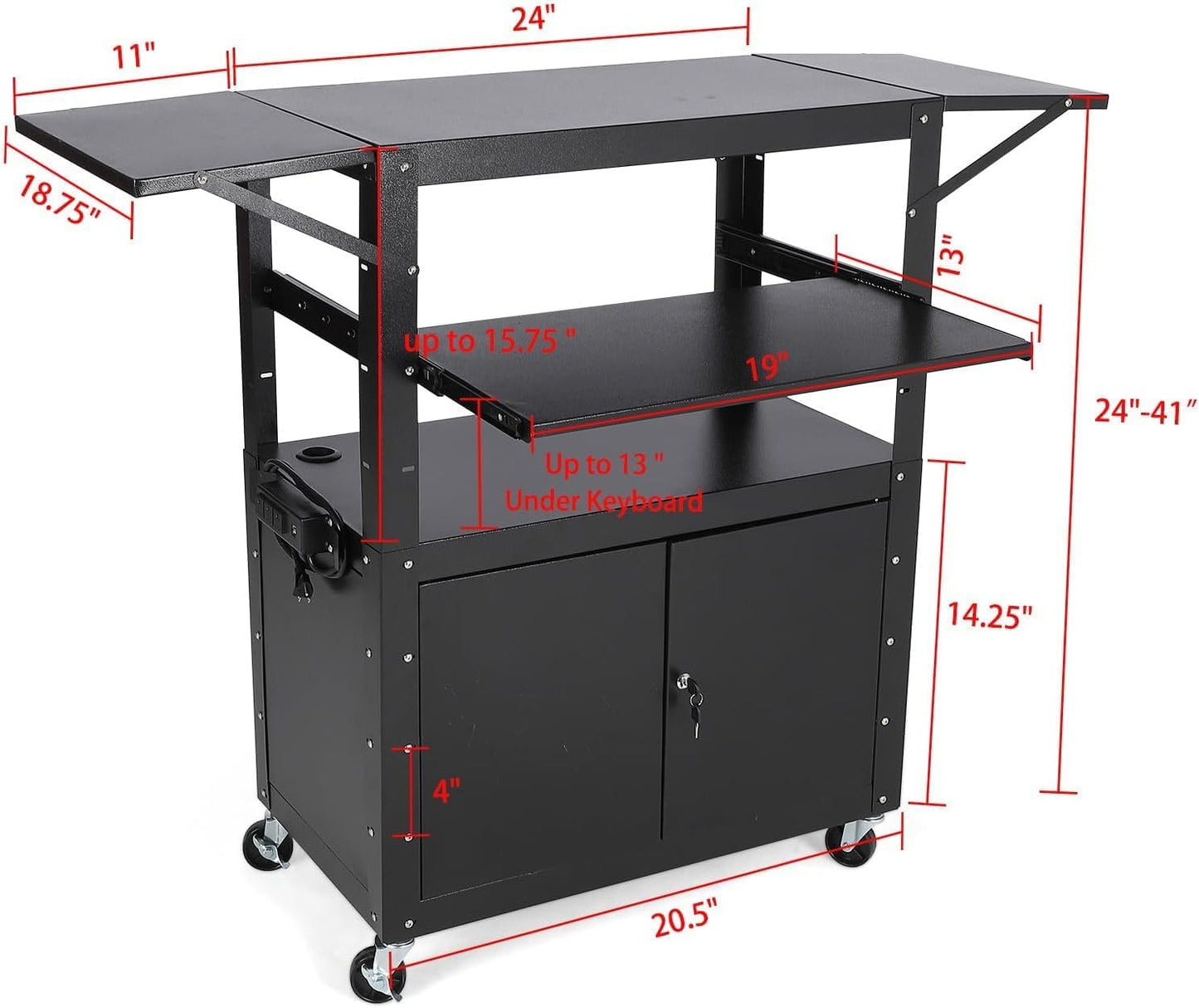 Mobile AV Cart with Lockable Cabinet, Adjustable Height Laptop Stand with Extension Rack, Drop Leaf Workstation, Extra Storage Space, Power Strip Included, Rolling Utility Cart