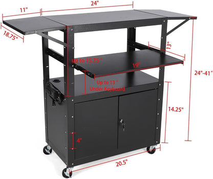 Mobile AV Cart with Lockable Cabinet, Adjustable Height Laptop Stand with Extension Rack, Drop Leaf Workstation, Extra Storage Space, Power Strip Included, Rolling Utility Cart