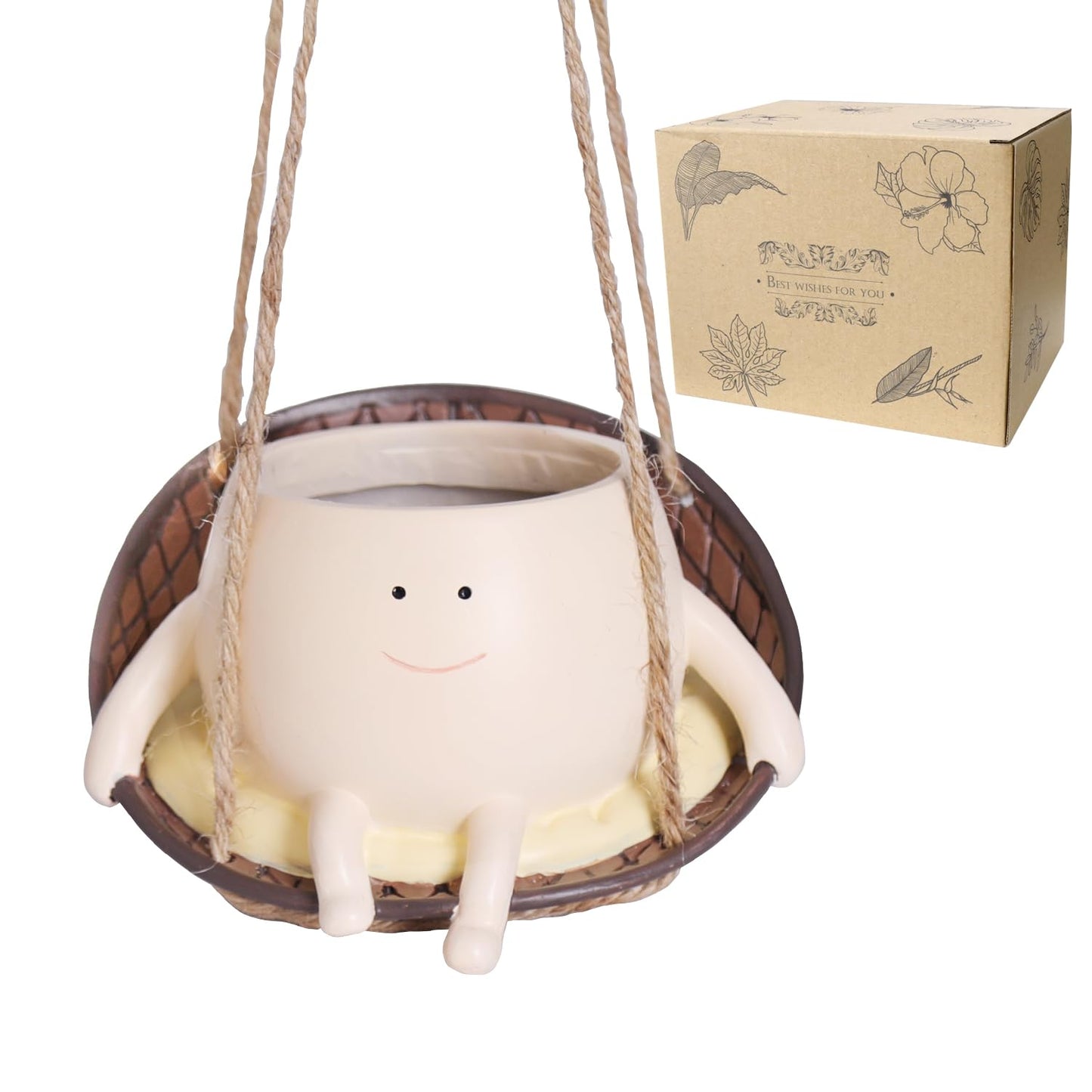 UMESONG Hanging Swing Chair Planter Pot Resin Smiley Face Planter for Indoor Outdoor Plant Cute Head Flower Pots for String of Pearls Plant Live Unique Gift IdeaI for Mother Day, Christmas (Small)