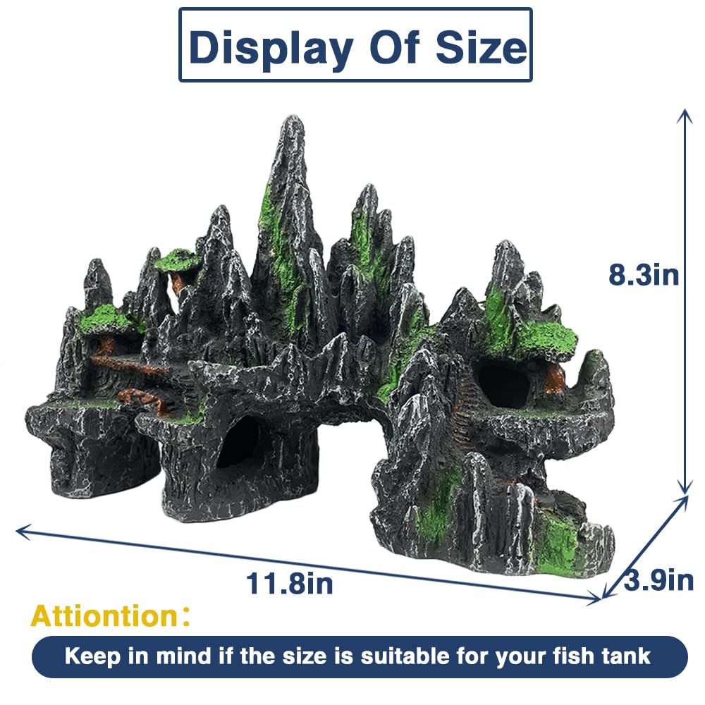 GOLOMOZ Large Fish Tank Decorations - Fish Tank Decor Aquarium Rock Mountain View Aquarium Ornament Tree House Cave Fishtank Rocks for Large Fishtank Glofish Tank Decorations