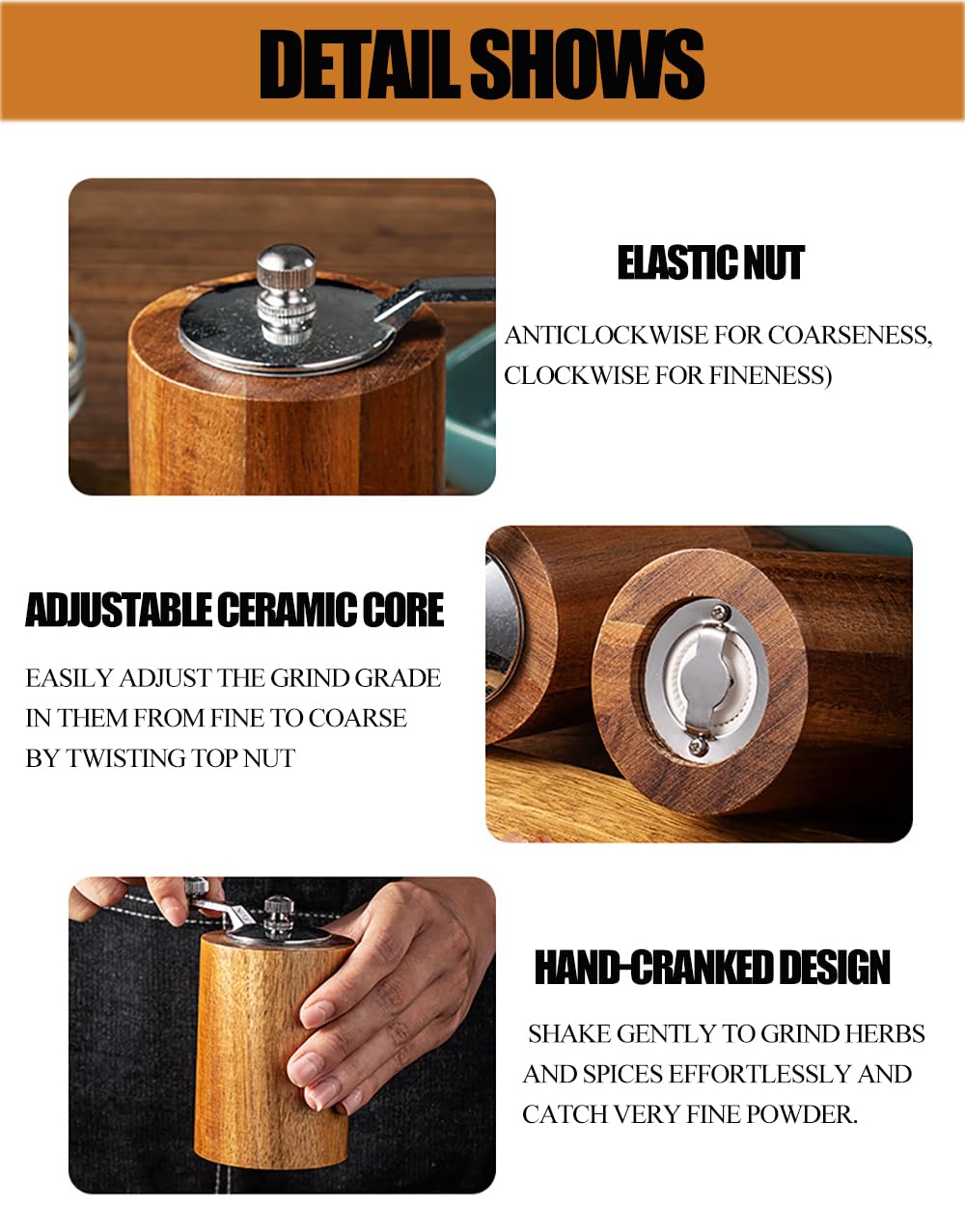 Acacia Wood Salt and Pepper Grinder Mills Sets,Wooden Shakers with Adjustable Ceramic Core,Classic Manual Salt Grinder Refillable Pepper Mill Set with a Gear Crank System for kitchen Spice