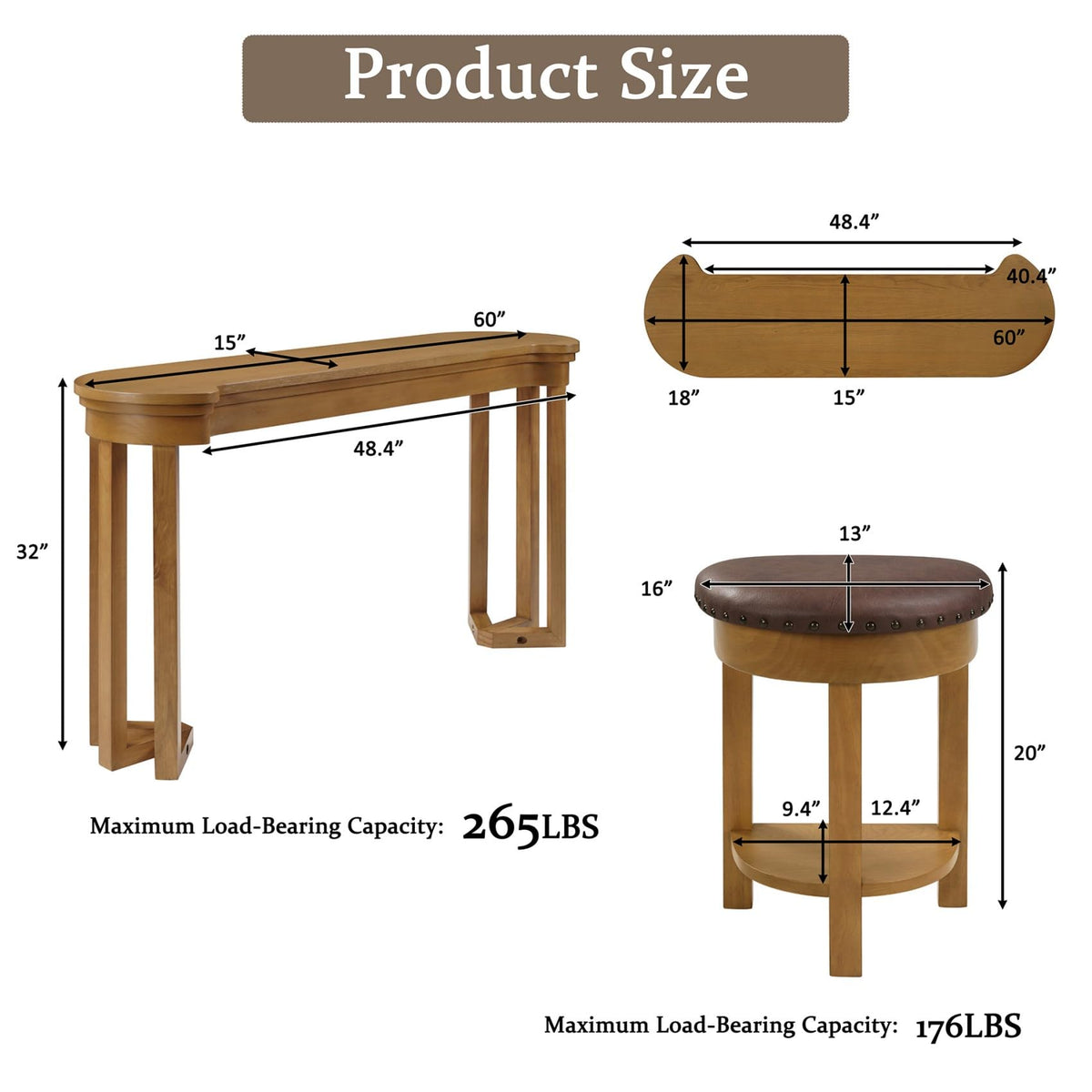 KEIKI 60" Solid Pine Wood Bar Table Set with 3 PU Stools Chairs, Long Bar High Top Dining Table & Upholstered Stools, Behind Couch Sofa Counter Height Pub Table for Breakfast, Kitchen Living Room