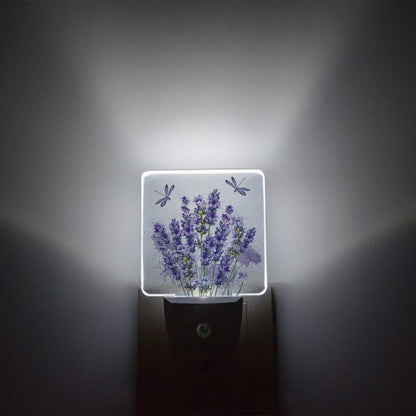 Lavender Dragonfly Flower Plug-in LED Night Lights Purple Plant Auto Dusk-to-Dawn Sensor for Bedroom Bathroom Kitchen Nursery Hallway Stairs Wall Home Decor
