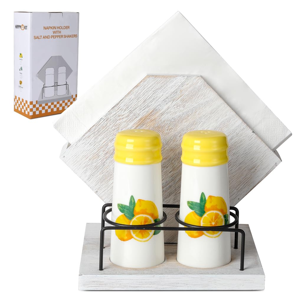 Rustic Farmhouse Napkin Holder Set - Natural Wood Kitchen Organizer with Lemon 2 Salt & Pepper Shakers for Countryside Dining & Minimalist Home Decor (Gift Ready)