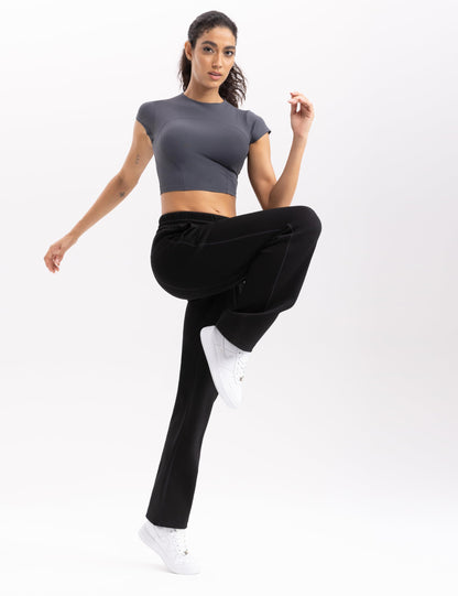 ENERBLOOM Workout Crop Tops for Women Yoga Short Sleeve Mild Support Slim Fit Cropped Athletic Shirts Gym Tee Built in Bra Gray Medium