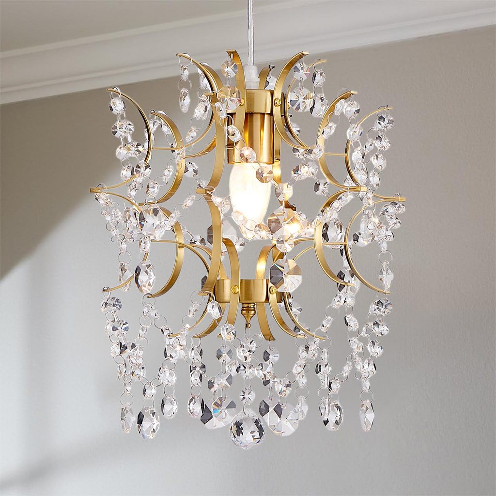 AGV LIGHTING Mini Crystal Chandelier, Modern Gold Brass Pendant Light with Hanging Crystal Beads, Elegant Small Chandelier Lighting Fixture for Dining Room, Bedroom, Kitchen Island, Hallway, Entryway