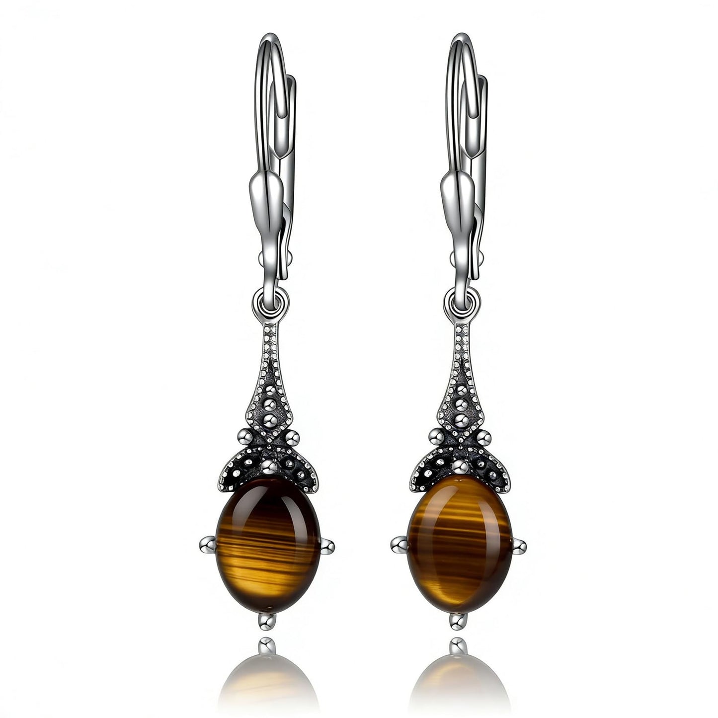 Natural Tiger Eye Earrings 925 Sterling Silver Vintage Retro Leverback Dangle Drop Earrings Birthday Jewelry Gifts for Women