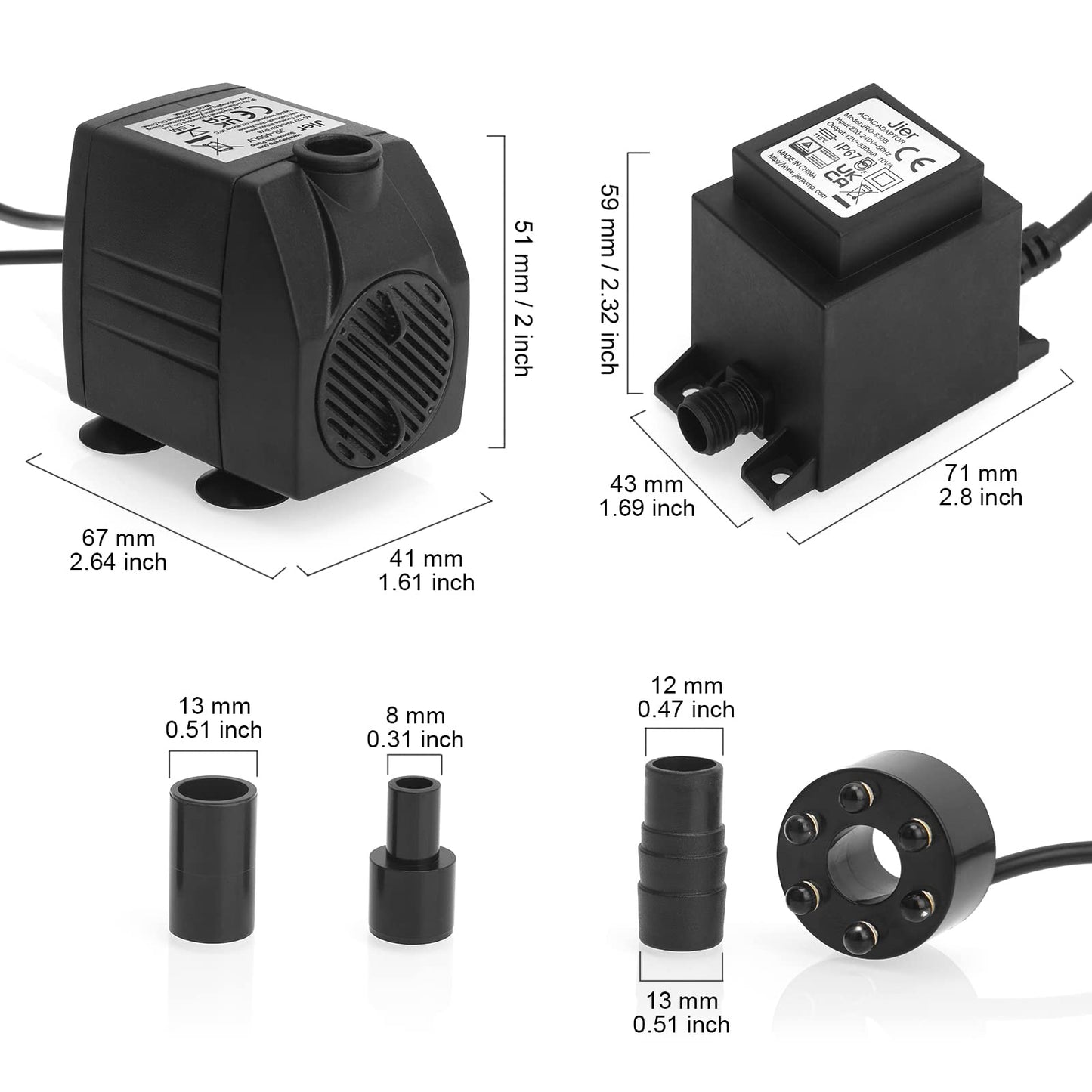 BARST Submersible Water Feature Pump,12V AC 450L/H Fountain Pump with 10m Power Cord & LED Light Ring for Aquarium, Pond, Birdbaths, Fish Tank JR-450LV