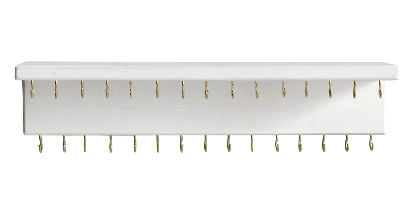 SANY DAYO HOME Jewelry Organizer with 30 Hooks and Cosmetics Shelf, 15 x 3 x 4 inches Wall Mounted Rustic Pine Wood Holder for Necklaces and Bracelets, Suitable for Kids and Adults (Retro White)