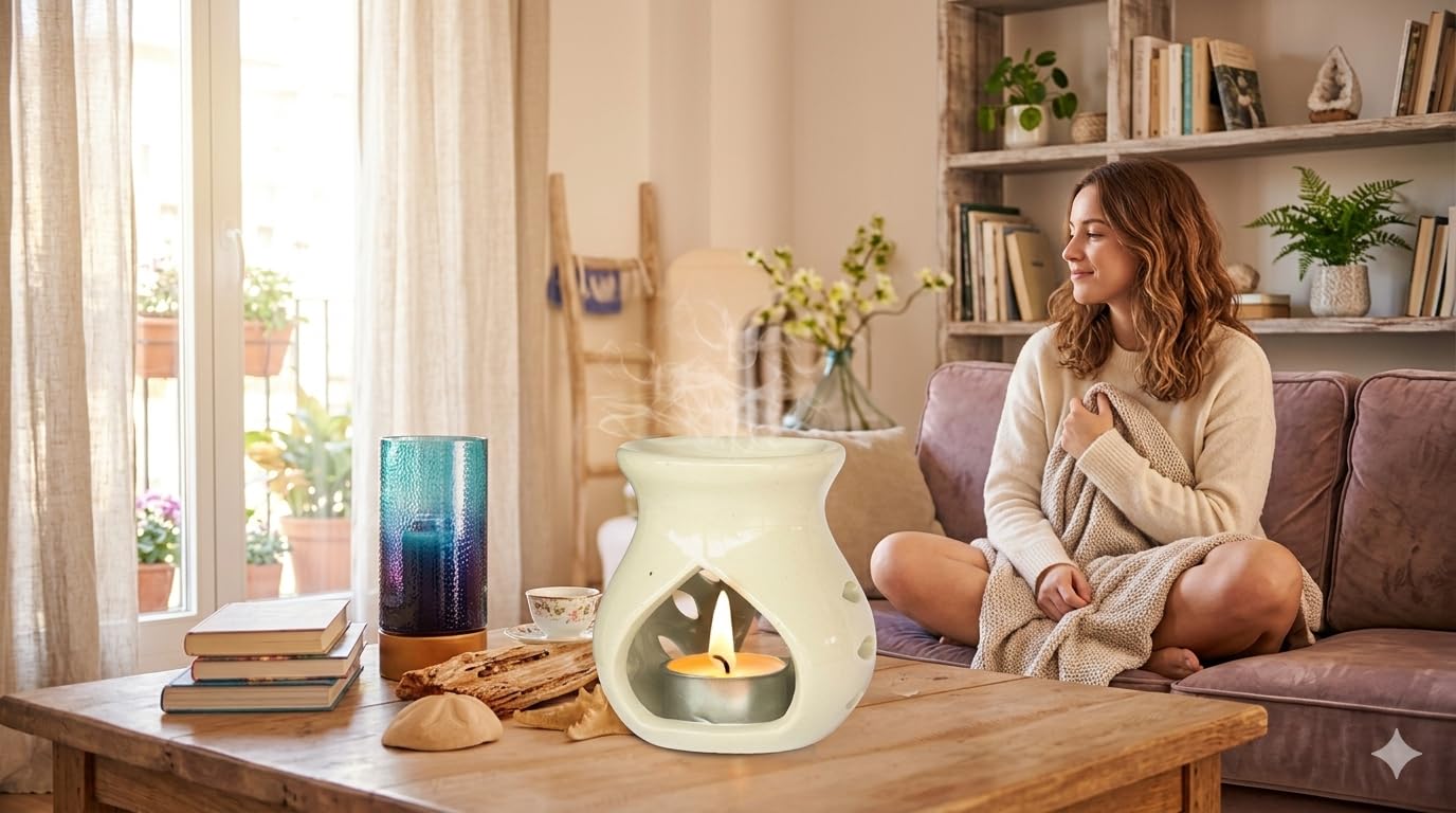 Ceramic Essential Oil Burner and Wax Melt Warmer, Aromatherapy Aroma Diffuser, Candle Tealight Holder Home Bedroom Decor Christmas Housewarming Gift 9x8x7 cm