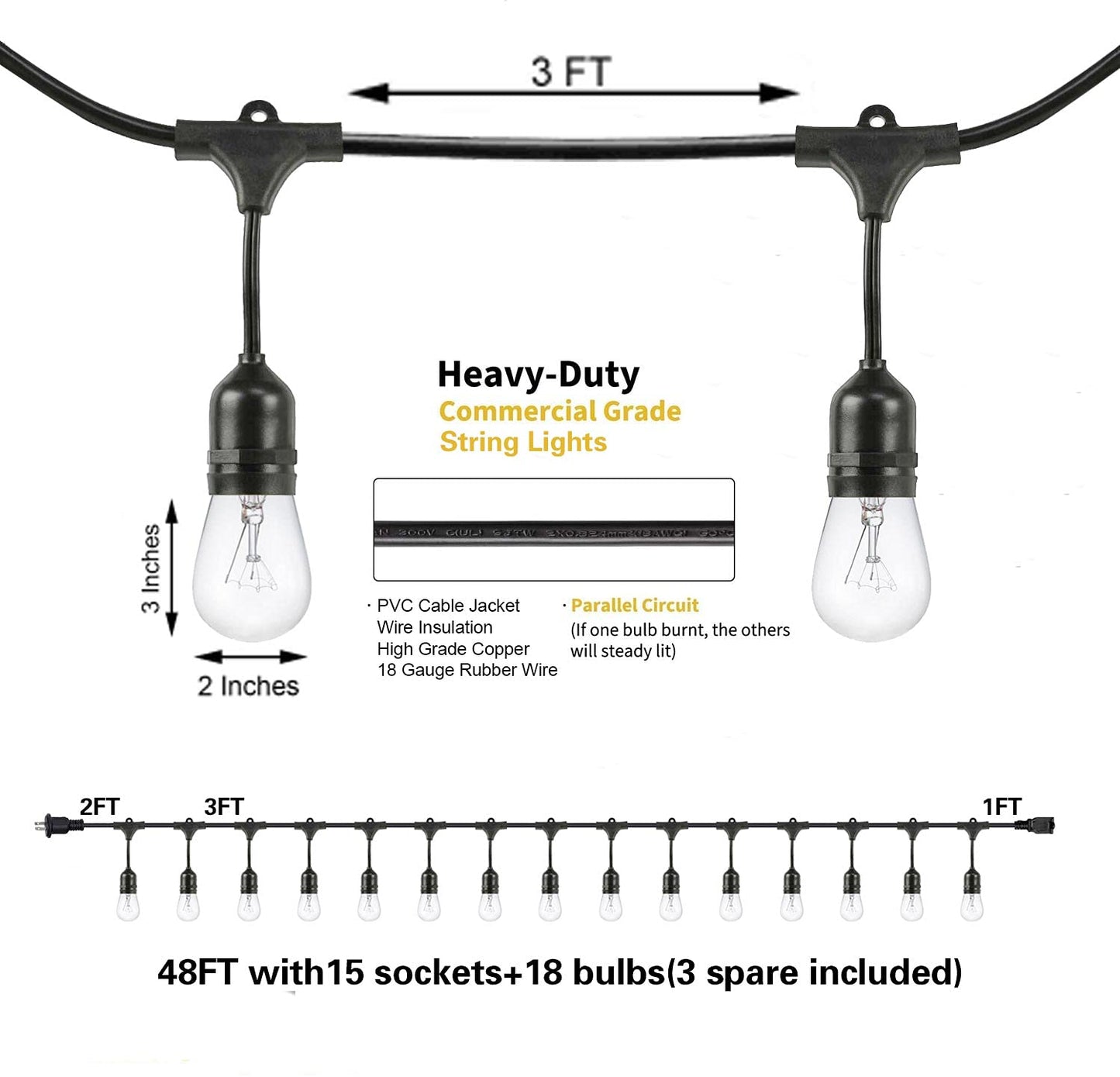 SUNTHIN 2 Pack 48FT Outdoor String Lights,Hanging Incandescent String Lights Commercial Grade Waterproof Patio Light Outside with Dimmable Connectable Edison Glass Bulbs for Bistro,Party,Holiday Decor