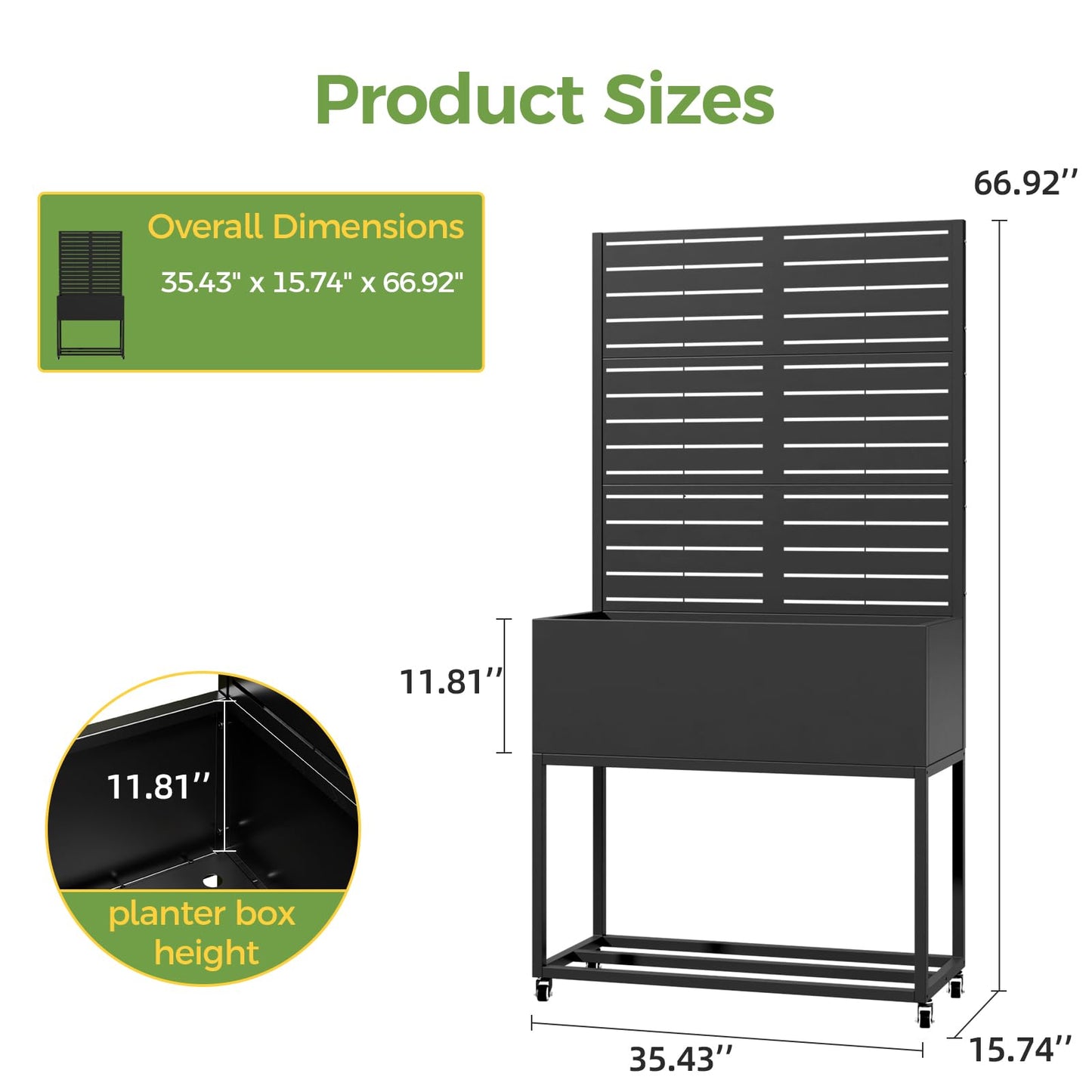 Diyfire Metal Planter Box with Trellis, 67"x35"x16"Metal Raised Garden Bed with Drainage Holes, Raised Garden Beds Outdoor, Privacy Planters Trellis for Climbing Plants, Patio,Garden, Wheels, Black